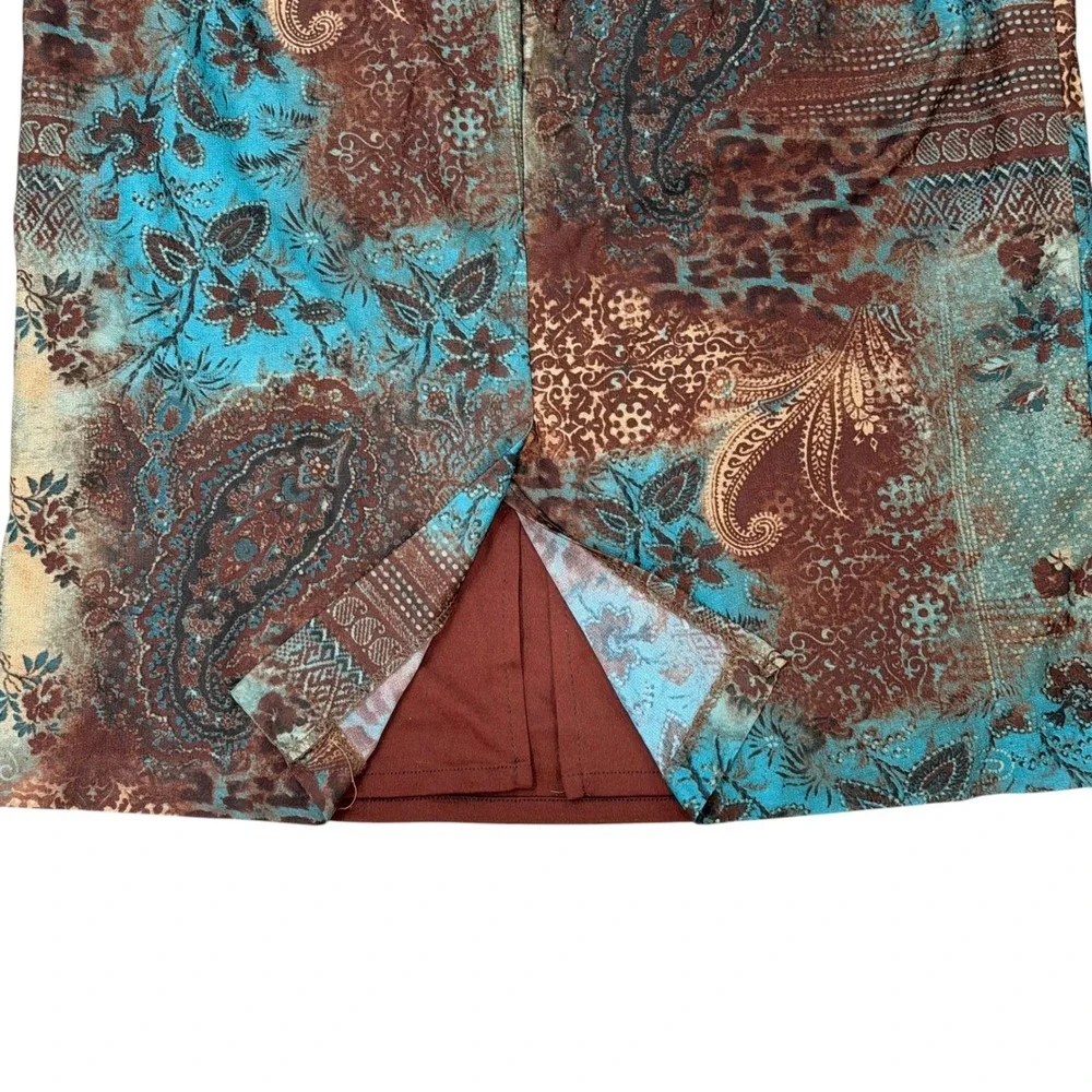 Vintage Midi Straight Skirt Paisley Leopard Print Turquoise Brown Y2K Size 12P